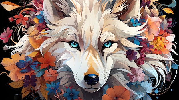 lobo branco com flores meninas o estilo da obra de arte