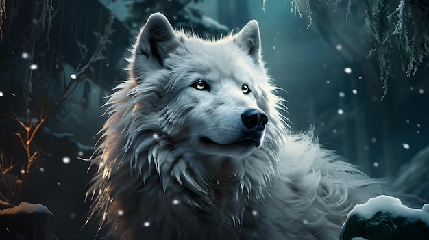 Lobo branco com fundo de paisagem nevada IA generativa