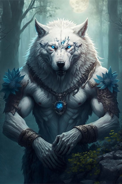 Lobo branco com olhos azuis parado em uma floresta generativa ai