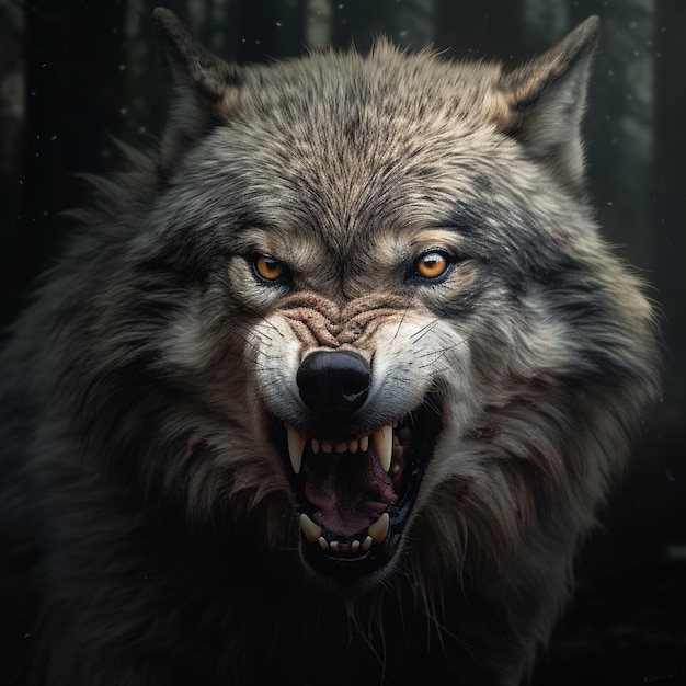 Un lobo con cabeza de lobo en el fondo oscuro.