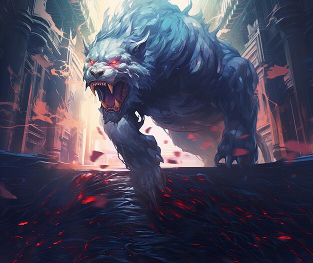 un lobo con una cabeza roja y un fondo azul