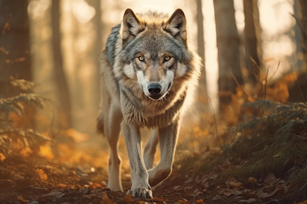 Lobo caminando en un bosque otoñal IA generativa