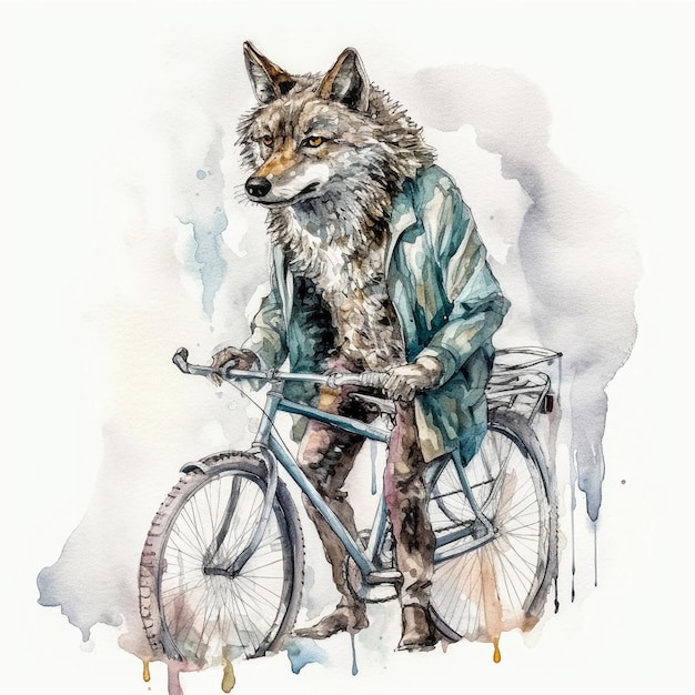 Lobo cansado con chaqueta verde montando en bicicleta acuarela