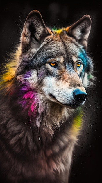 Un lobo con cara de arcoiris