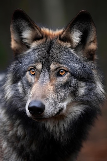 Un lobo de cara negra y ojos marrones.