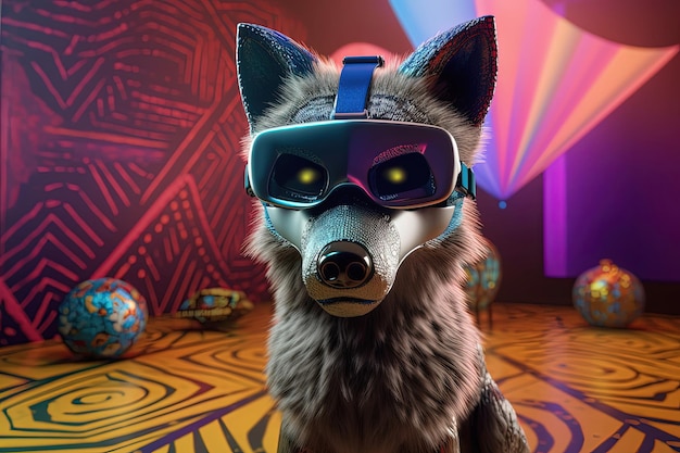 Lobo con casco VR en un entorno futurista Concepto de gafas de realidad virtual IA generativa