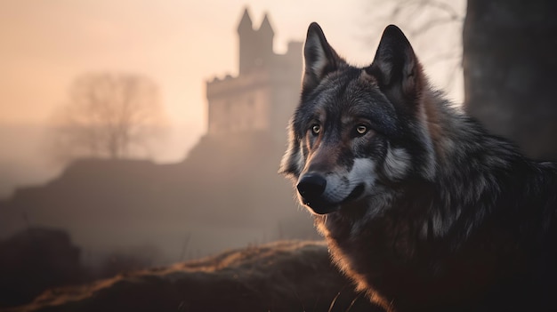 Un lobo con un castillo al fondo.