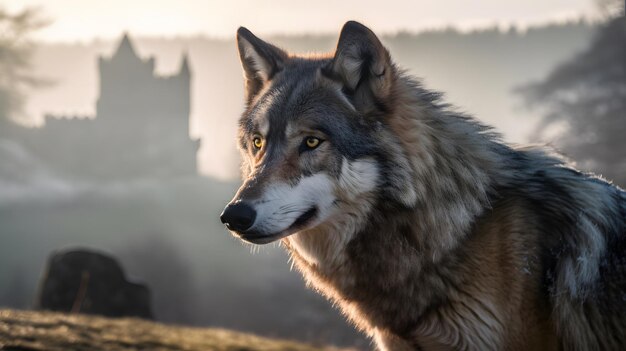 Un lobo con un castillo al fondo.