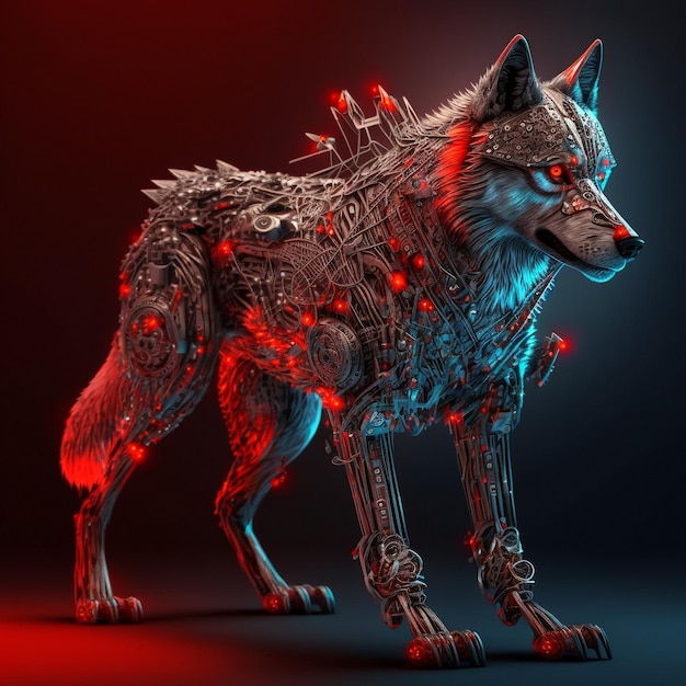 Lobo cibernético com olhos vermelhos brilhantes
