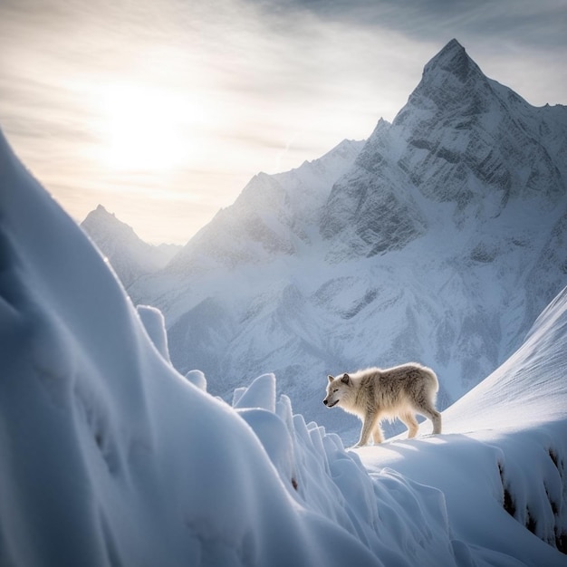 Un lobo se para en la cima de una montaña nevada con el sol brillando sobre él.