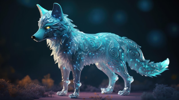 Un lobo con cola azul y cola brillante se encuentra en un bosque oscuro.