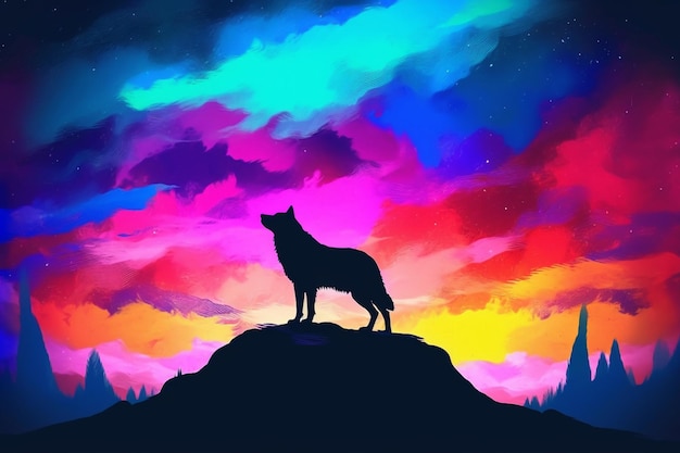 Un lobo en una colina con un cielo colorido al fondo.