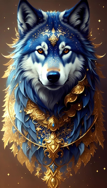 Un lobo con collar de oro y collar de oro.