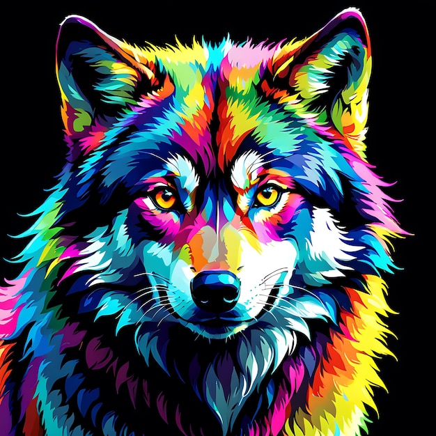 Un lobo de colores con un fondo negro