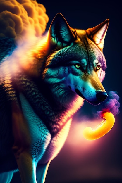 Un lobo colorido con un anillo amarillo en la nariz está iluminado en una habitación oscura.