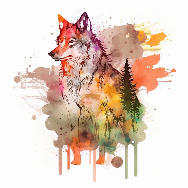 Un lobo colorido con un bosque de árboles al fondo.