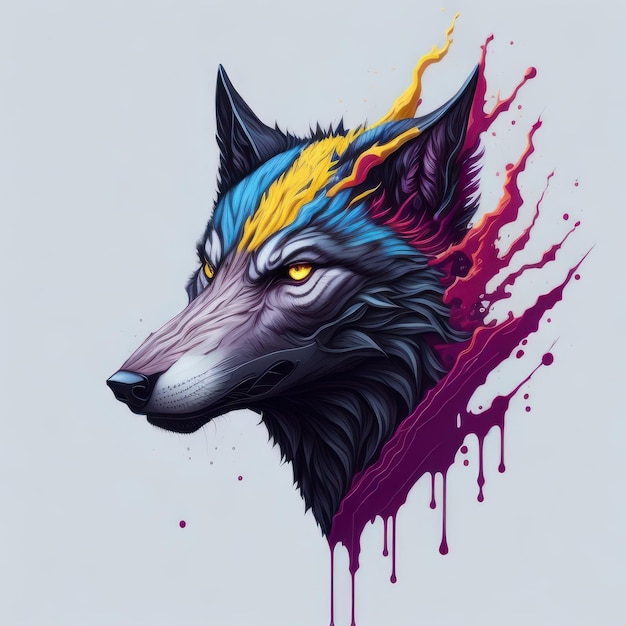 Un lobo colorido con cabeza azul y pintura morada.