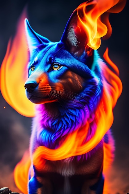 Un lobo con un colorido fondo de llamas