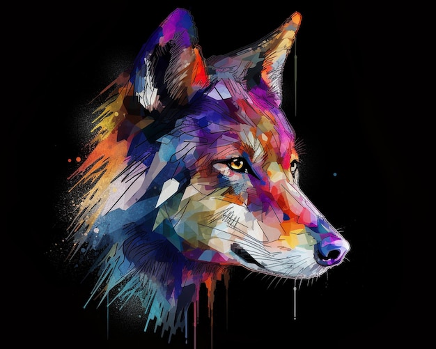 Un lobo colorido con un fondo negro y un fondo negro.