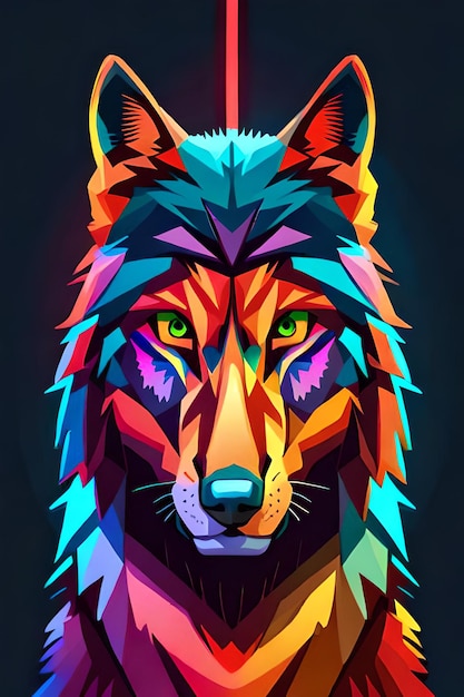 Un lobo colorido con un fondo negro.