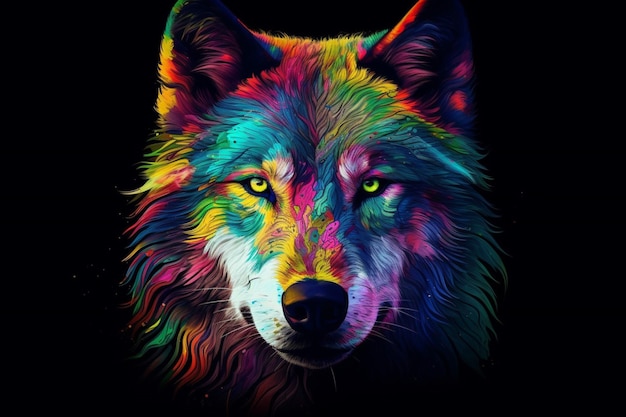 Un lobo colorido con un fondo negro.