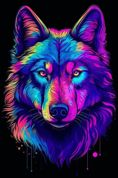 Foto un lobo colorido con un fondo negro.