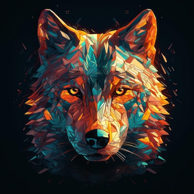 Un lobo colorido con un fondo negro.