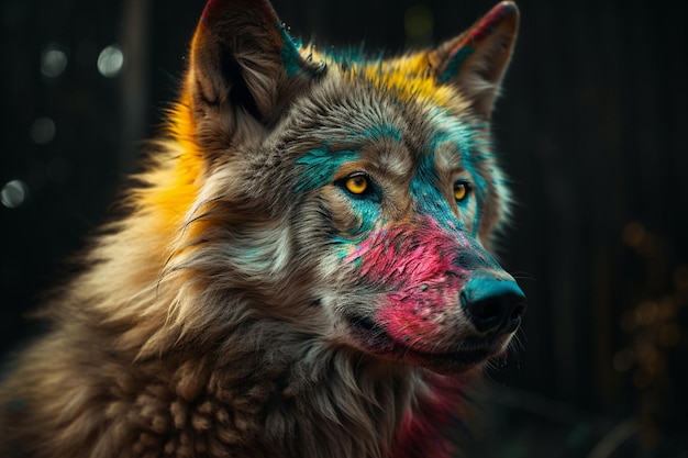 Un lobo colorido con un fondo negro.