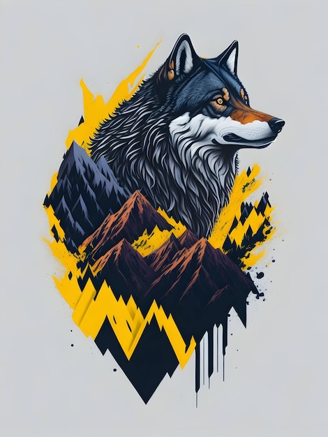 Lobo com montanha e ilustração colorida de neve em fundo preto para design de camiseta