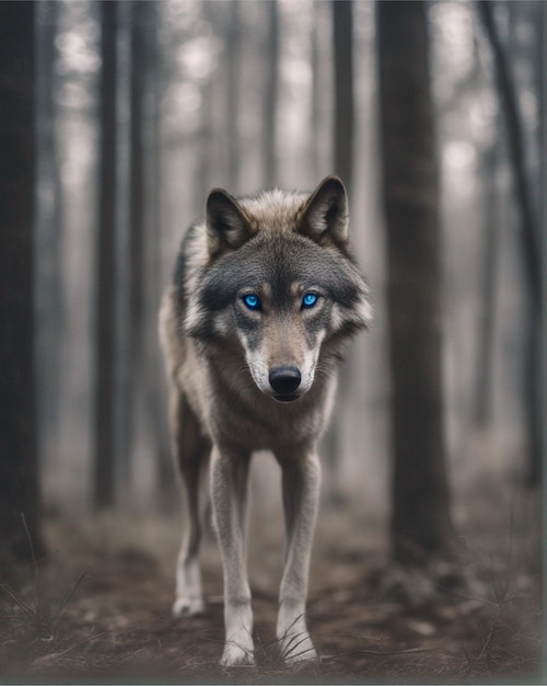 Lobo com olhos azuis na imagem de fantasia da floresta arte gerada por ai