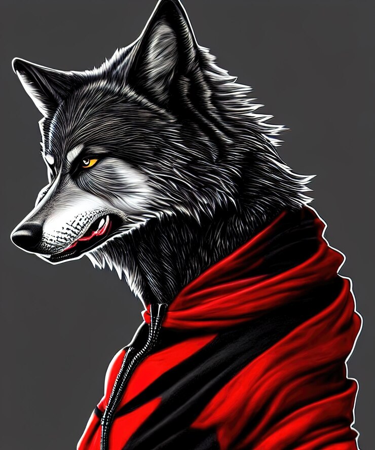 Foto lobo com uma aparência brutal de capuz vermelho retrato de um meio-lobo meio-homem em um agasalho brilhante ilustração 3d de olhos