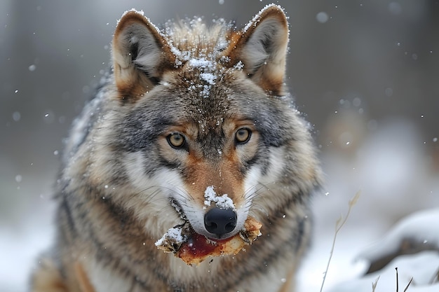 Lobo comendo comida na neve