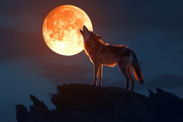 Un lobo con confianza se encuentra en la cima de una colina mientras la luna llena brilla brillantemente en el fondo un lobo aullando contra el telón de fondo de una luna llena AI generado