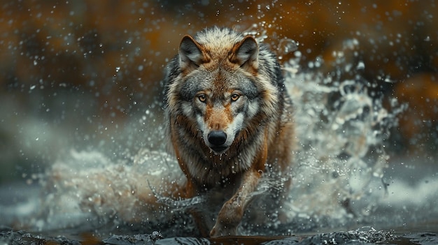 un lobo corre a través del agua con un fondo de marrón y negro
