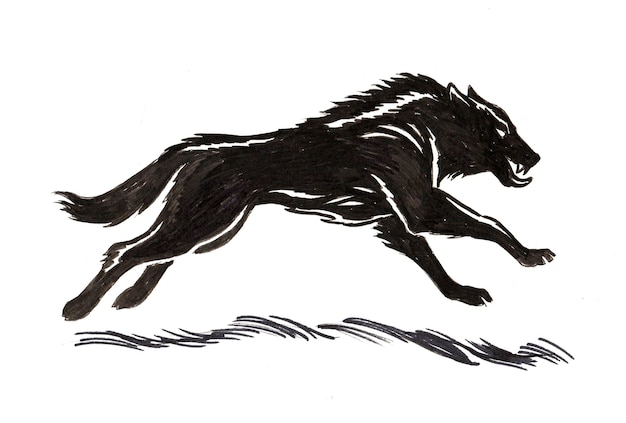 Lobo correndo. Desenho de tinta preto e branco