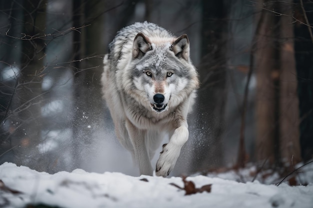 Lobo corriendo por un bosque cubierto de nieve, su aliento visible en el aire frío