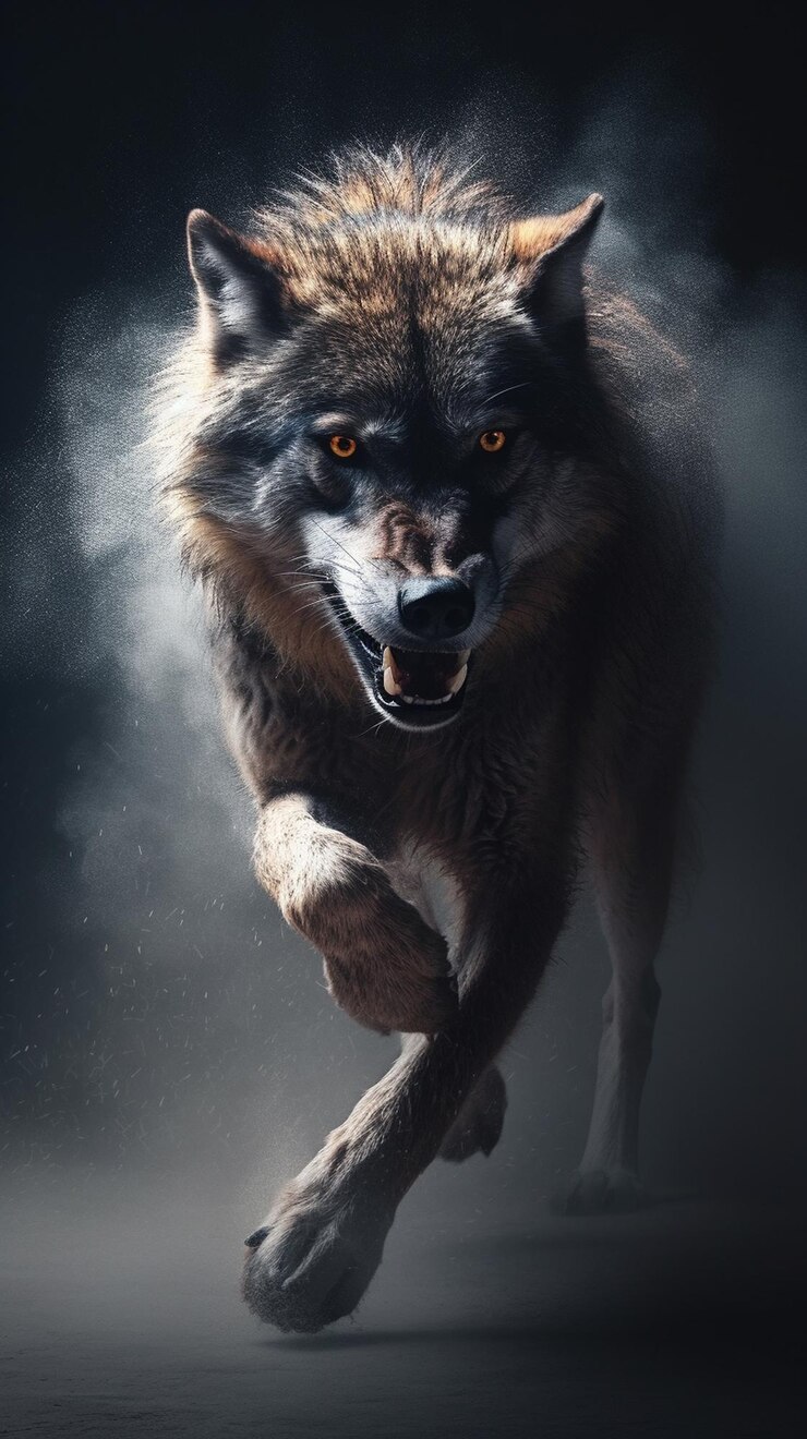 Un lobo corriendo en la oscuridad