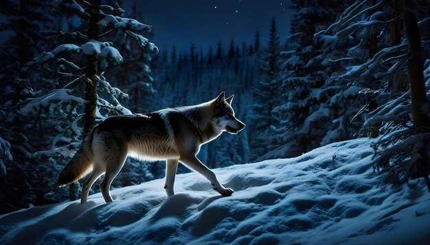 Lobo corriendo sobre el hielo por la noche a la luz de la luna