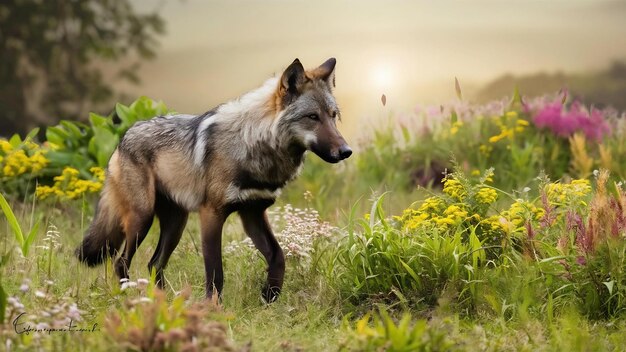 Foto el lobo de crina en su hábitat natural hermosos prados animales increíbles en el entorno natural