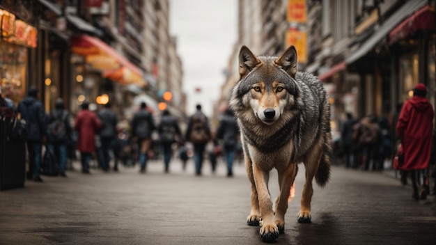 Un lobo dando un paseo tranquilo por una ciudad bulliciosa