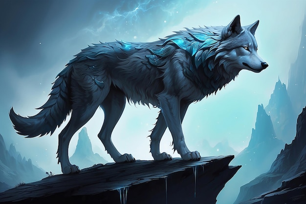 lobo de pé em uma rocha com uma cauda azul lobo azul lobo peludo