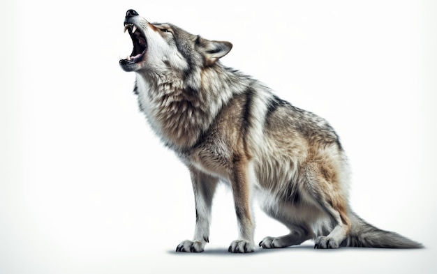 Lobo de pé no topo de uma rocha com a boca aberta