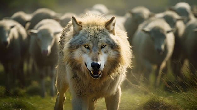 Lobo delante de un rebaño de ovejas