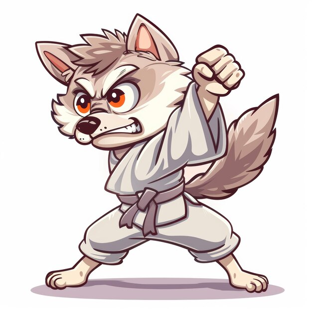 Un lobo de dibujos animados en un karate gi con una mirada agresiva en su cara y un puño cerrado