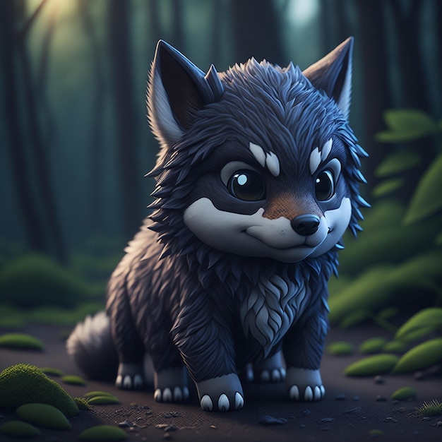 Un lobo de dibujos animados con ojos azules está parado en un bosque.