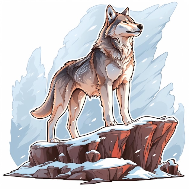 Foto lobo dos desenhos animados em pé sobre uma pedra na neve gerativa ai
