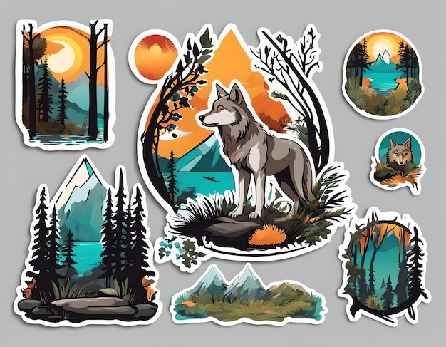 Foto lobo em ambiente natural sticker design pack