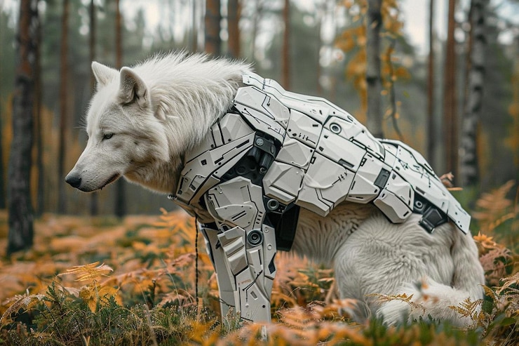 Foto lobo em cyberpunk futurista robótico metal roupas de armadura rústica antiga