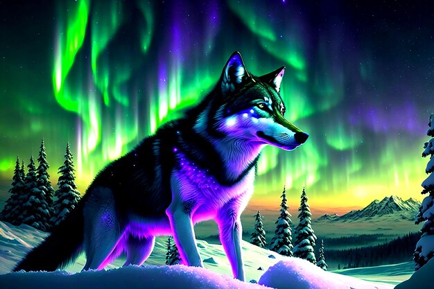 Lobo em luzes do norte multicoloridas Aurora borealis