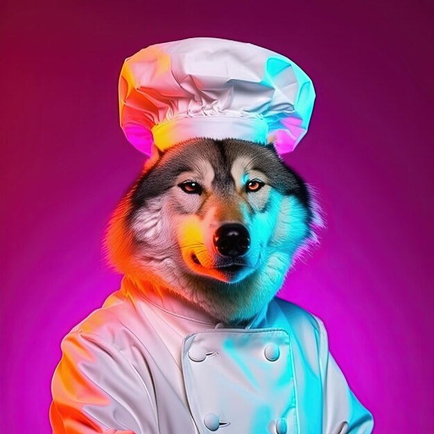 Lobo em uniforme de chef completo com chapéu de toque Generative AI